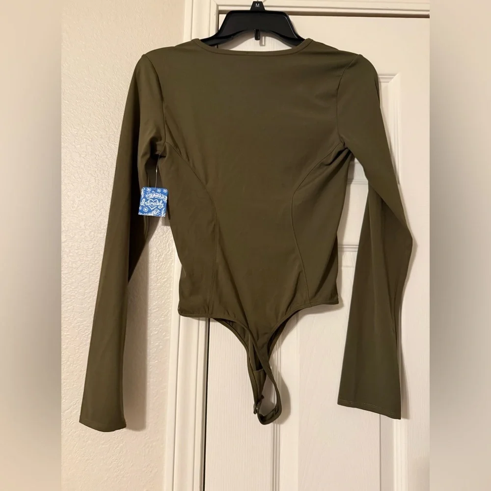 Free People Olive Green Deep V Long Sleeve Bodysuit